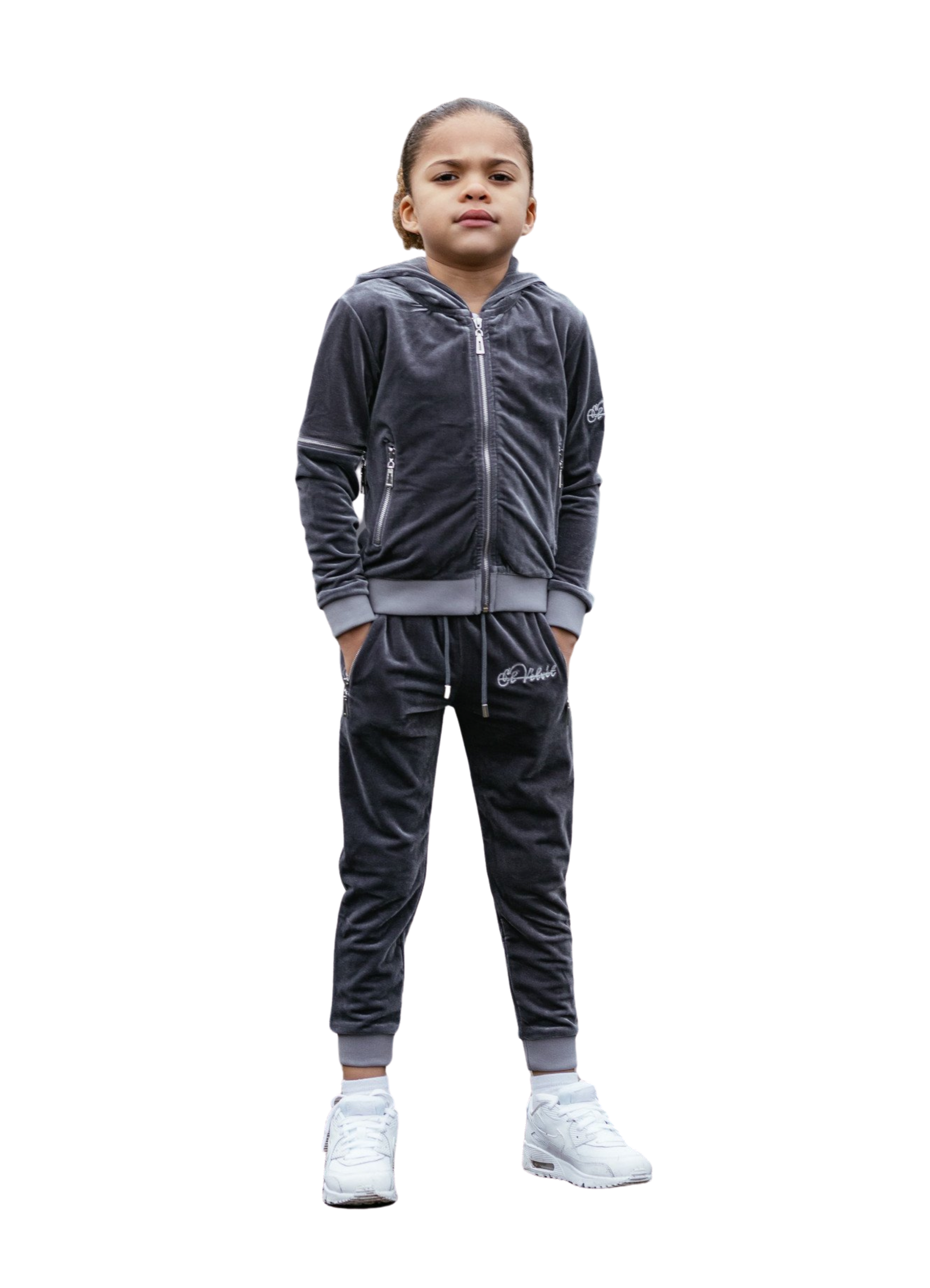 Kids Grey Vélvét Full Tracksuit -Boys & Girls